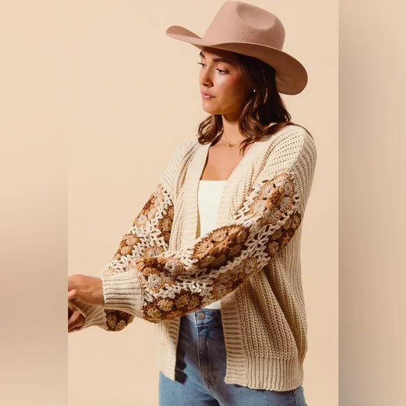 Beige ivory Flower floral granny embroidered cardigan boho bohemian sweater - Picture 8 of 16